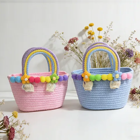 Women Woven Top Handle Bag Handmade Cotton Rope Beach Bag Sweet Floral Pompom Decorative Tassel Resort Straw Style Handbag