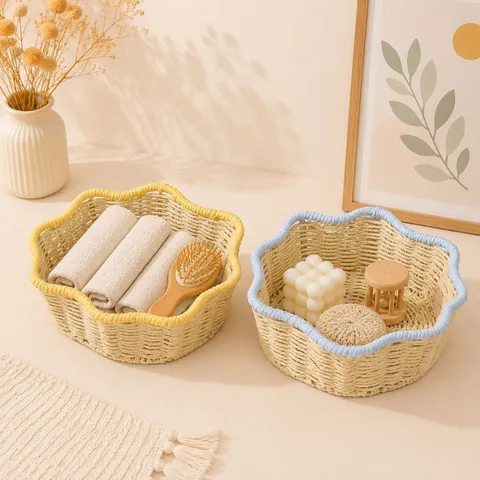 Panier de Rangement en Papier Style Nordique Fait Main Organisateur de Bureau Boîte à Divers Bord Ondulé Maquillage Bijoux Décoration Maison