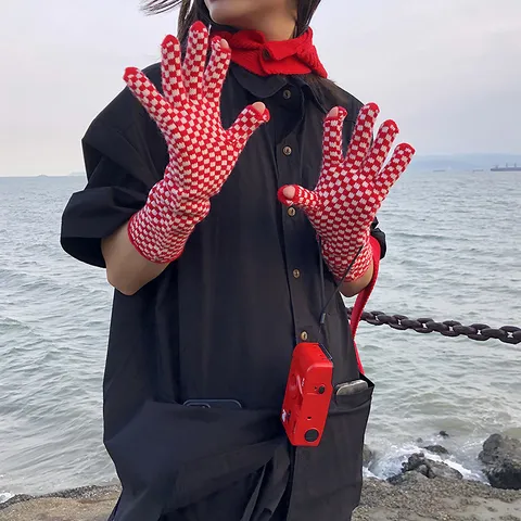 Checkerboard Knit Long Gloves Touchscreen Winter Warm Jacquard Acrylic Fingerless Arm Warmers For Women Men