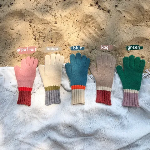 Minimalist Color Block Polyester Knit Winter Warm Gloves Touchscreen Compatible Contrast Ribbed Cuff Full Finger Cycling Mittens For Men Women Everyday