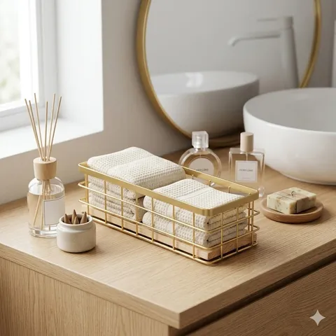 Nordic Iron Art Storage Basket With Wooden Base Desktop Bathroom Rectangular Grid Wire Organizer Bin Gold Small Large