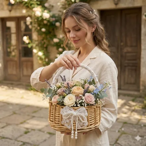 Pastoral Wicker Hand-held Flower Basket With Lace Bow Pearl Decoration For Wedding Flower Girl Picnic Storage Basket Home Decor
