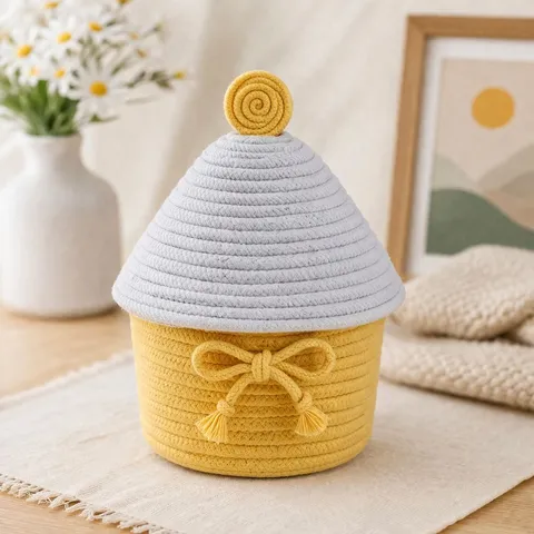 Woven Cotton Rope Storage Basket With Lid Cartoon House Desktop Organizer Decorative Sundries Bin For Makeup Toys Home Decor