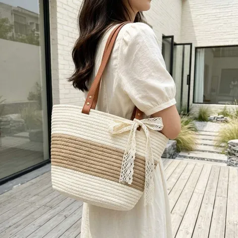Sac Fourre-tout en Coton Tissé à la Main pour Femmes Patchwork à Rayures Grande Capacité Sac à Épaule avec Nœud Vacances