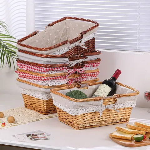 Handgewebter Weidenkorb Picknickkorb Mit Doppelten Griffen Stofffutter Dekorativer Blumen Karo Aufbewahrungskorb Geschenkkorb Für Obst Ei Einkaufen Für Hochzeit Party Home Decor