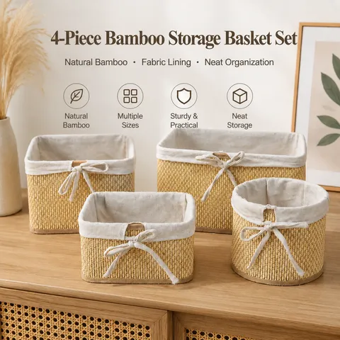 Ensemble de Paniers de Rangement en Bambou Tissé à la Main Pastoral Organisateur de Bureau pour Cosmétiques Jouets Snacks Panier Déco