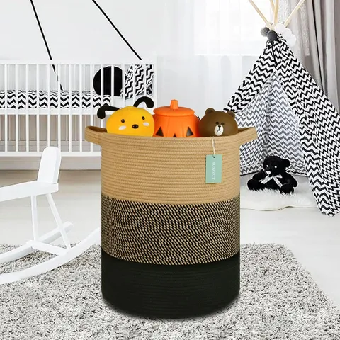 Panier de Rangement Tissé en Corde de Coton Grand Panier à Linge pour Chambre Balcon Organisateur Décoratif Fait Main avec Poignées