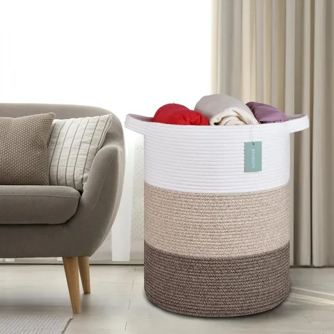 Panier de Rangement Tissé en Corde de Coton Grand Panier à Linge pour Chambre Balcon Organisateur Décoratif Fait Main avec Poignées
