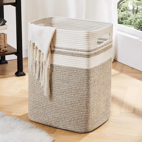 Grand Panier de Rangement en Corde de Coton Tissé Panier à Linge Rectangulaire Décoratif Avec Poignées Pour Vêtements Couvertures