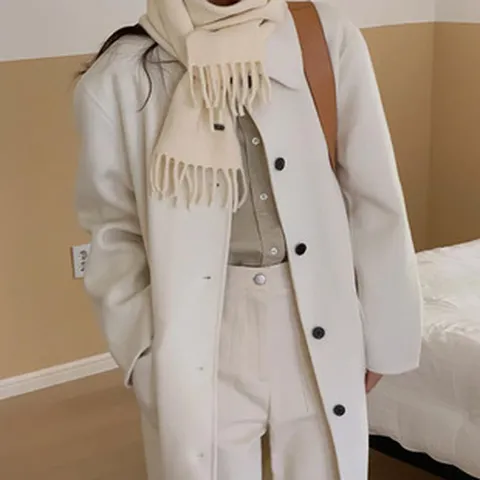 Bufanda de Invierno de Mezcla de Lana Cálida de Color Sólido Suave Estilo Coreano Con Flecos Calentador de Cuello Térmico Alargado para Hombres Mujeres Diario Casual