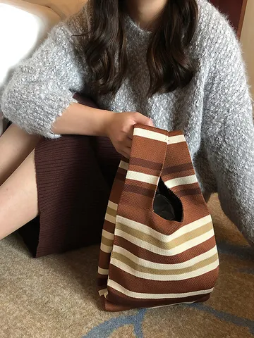 Borsa Tote da Donna Grande Lavorata a Maglia Borsa a Mano Intrecciata a Righe Borsa a Spalla Casual a Uncinetto per Quotidiano Viaggio Spiaggia