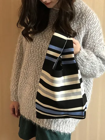 Borsa Tote da Donna Grande Lavorata a Maglia Borsa a Mano Intrecciata a Righe Borsa a Spalla Casual a Uncinetto per Quotidiano Viaggio Spiaggia