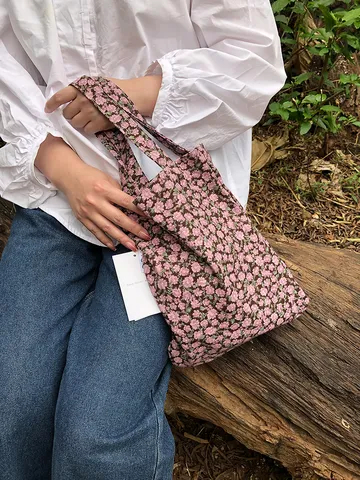 Japanische Vintage Cord Tote Bag Mit Herz Blumenmuster Damen Sommer Handtasche Klein Casual Täglich Schultertasche Stoffbeutel