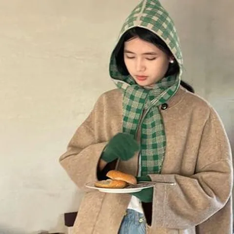 Casual Plaid Acrylic Knit Hooded Scarf Integrated Hat Multi-Functional Warm Windproof Thickened Neck Warmer Shawl Cap For Women Everyday Wear Outdoor Travel Comfort Accessories