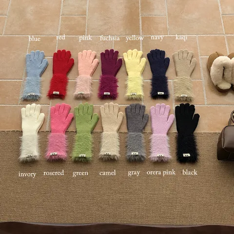 Damen Strickhandschuhe Polyester Touchscreen Kompatibel Lang Winter Warm Fäustlinge Einfarbig Plüsch Patchwork Vollfinger Handschuhe
