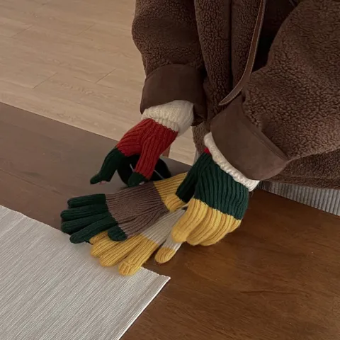 Japanese Style Winter Warm Full Finger Gloves Color Block Knitted Knit Woolen Touchscreen Commuting Mittens For Couples Women Men