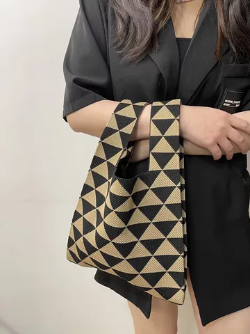 Donna Intrecciato Maglia Borsa Tote Geometrico Triangolo Pattern Borsa Spalla Mano Grande Capacità Poliestere Shopper Bag Casual Quotidiano Moda Borsa per Pendolarismo