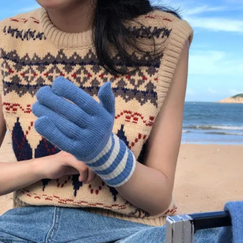 Japanische Süße Gestrickte Fingerhandschuhe Winter Warme Gestreifte Touchscreen Handschuhe Für Studenten Unisex Mode Faden Fäustlinge