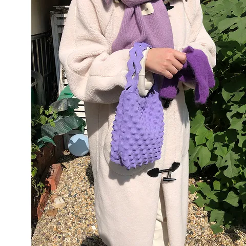 Dames Schattig Bubbel Breien Mini Handtas Snoepkleur Golvend Handvat Elegant Lichtgewicht Elastisch Breien Emmertas Pochette Tote Portemonnee Dagelijks Reizen Cadeau