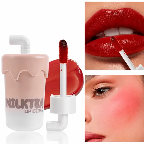 Brillo de Labios Taza de Té con Leche Hidratante Mate Labio y Meilla Doble Uso Larga Duración Lápiz Labial Líquido Maquillaje Cosméticos