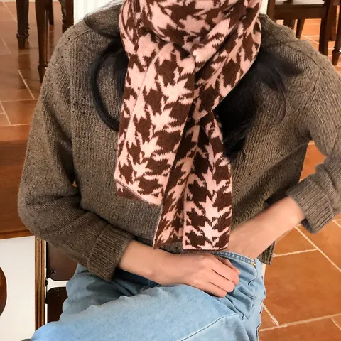 Damen Verdickter Hahnentritt Schal Winter Warmer Strickschal Weicher Polyester Karo Omslagdoek Vielseitiges Koreanisches Modeaccessoire
