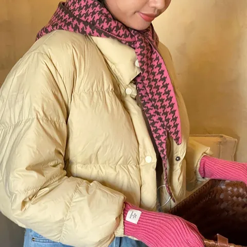 Korean Style Houndstooth Knitted Balaclava Hooded Scarf Integrated Winter Warm Wrap Shawl For Women Acrylic Neck Warmer
