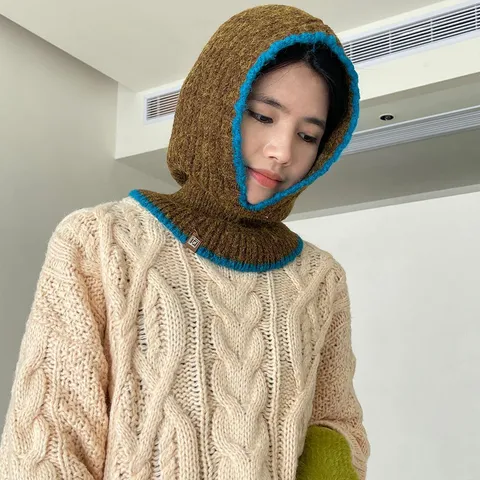 Unisex Knitted Balaclava Hooded Scarf Winter Warm Contrast Color Integrated Hat Neck Warmer Wool Blend Outdoor Accessories