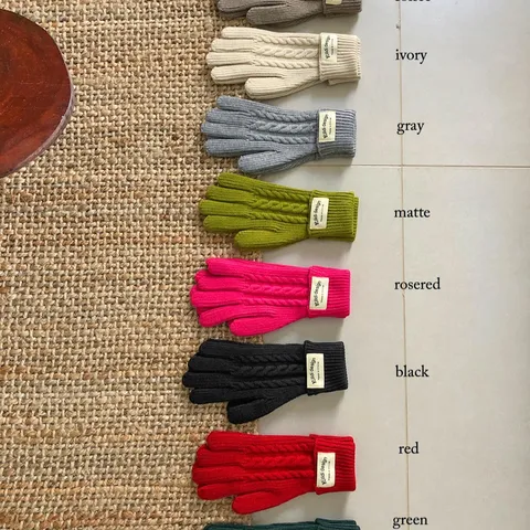 Women Winter Warm Cable Knit Gloves Solid Color Thickened Polyester Full Finger Mittens Fashion Simple Tie-Dye Outdoor Gloves