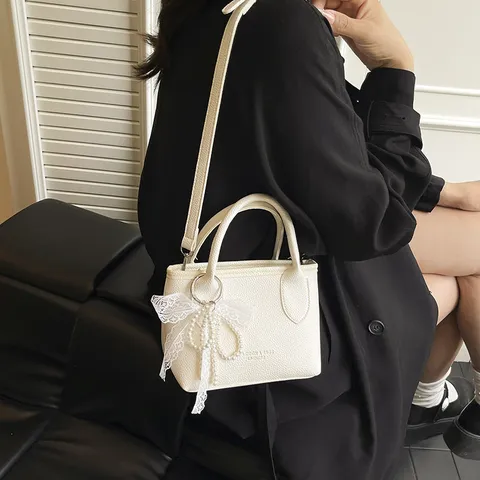 Women PU Leather Bucket Bag Minimalist Solid Color Handbag Pearl Lace Bow Pendant Shoulder Crossbody Bag