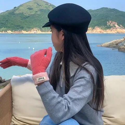Damen Gestrickte Wollhandschuhe Touchscreen Warme Winterhandschuhe Farbblock Lammwoll-Manschette Fingerhandschuhe Mode Handschuhe Für Draußen