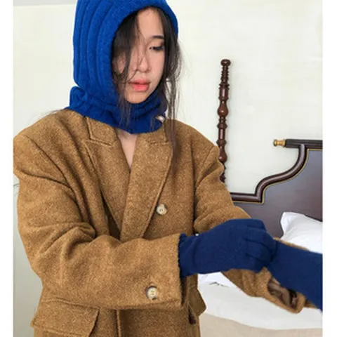 Korean Style Minimalist Wool Hooded Balaclava Scarf Hat Integrated Solid Color Ribbed Knit Thick Warm Windproof Winter Scarf Hat Set For Women