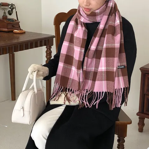 Koreanischer Stil Ins Karomuster Fransen Schal Für Damen Winter Warm Kaschmir-Imitat Mehrfarbig Karo Schal Alltäglich Paare Fransen Schals