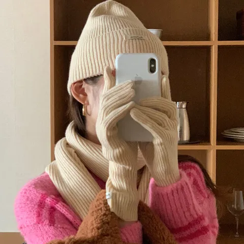 Conjunto Minimalista De Gorro Bufanda Guantes De Punto De Color Sólido Para Hombres Mujeres Invierno Cálido Gorro Beanie Calentador De Cuello Conjunto De Mitones De Poliéster Conjunto De Accesorios De Punto Térmico