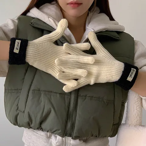 Women's Winter Warm Wool Blend Knit Gloves Solid Color Touch Screen Ribbed Mittens With Plush Trim Cuff Full Finger Gloves