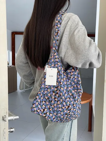 Damen Blumen Nylon Totebag Große Kapazität Japanischer Vintage Cord-Textur Schulter Umhängetasche Lässige Einkaufstasche
