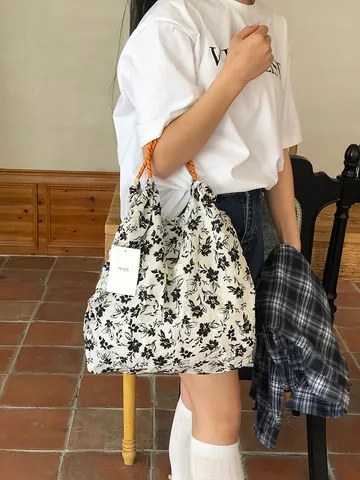 Damen Leinwand Kordelzug Tragetasche Blumendruck Koreanischer Ins Stil Picknick Urlaub Handtasche Süß Drucken Studentenbeutel