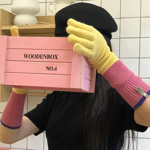 Women's Knitted Color Block Long Gloves Winter Warm Touchscreen Cycling Gloves Double Layer Polyester Splicing Fashion Accessories