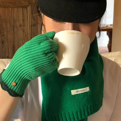 Eleganter Koreanischer Stil Wolle Strick Winter Warme Handschuhe Kontrast Zweifarbig Spitzenbesatz Touchscreen Fingerhandschuhe Für Damen