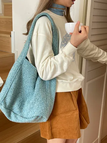 Women Woolen Tote Bag Large Capacity Shoulder Bag Minimalist Soft Fabric Shopping Purse Cozy Winter Underarm Bag Travel Commute Handbag