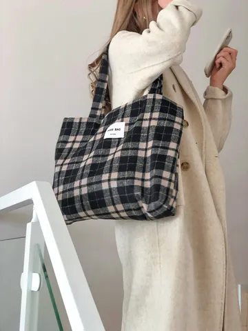 Japanese Retro Woolen Plaid Tote Bag Urban Minimalist Large Capacity Shoulder Bag Casual Autumn Winter Top Handle Bag For Women