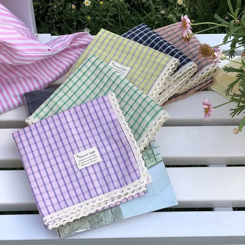 Japanischer Stil Baumwolle Leinen Kariert Kopftuch Für Damen Sommer Strand Urlaub Spitze Dreieck Haarschal Bandana