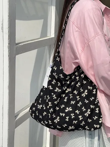 Sac Fourre-tout en Toile Florale pour Femmes Imprimé Nœud Grand Sac à Bandoulière Style Décontracté Pliable Écologique Réutilisable pour Étudiants