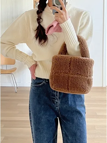 Women Plush Plaid Tote Bag Winter Soft Warm Fluffy Handbag Large Capacity Top Handle Purse Casual Elegant Square Commuter Handbag For Ladies