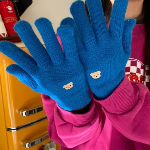 Carini Orso Ricamato Guanti a Cinque Dita in Maglia di Acrilico Inverno Caldo Compatibile con Touch Screen Muffole di Lana per Coppia Studenti