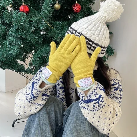 Women Winter Warm Angora Blend Knit Gloves Touchscreen Full Finger Long Wrist Color Block Mittens Ribbed Cuff Gloves For Casual Everyday Outdoor Wear