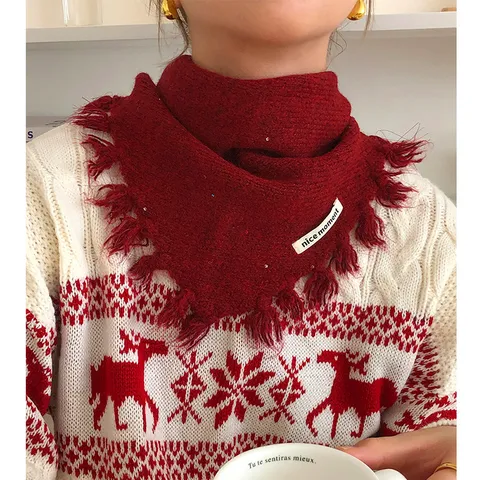 Mujer Punto Borla Chal Bufanda Triángulo Lentejuelas Color Sólido Otoño Invierno Cuello Cálido Elegante Accesorios