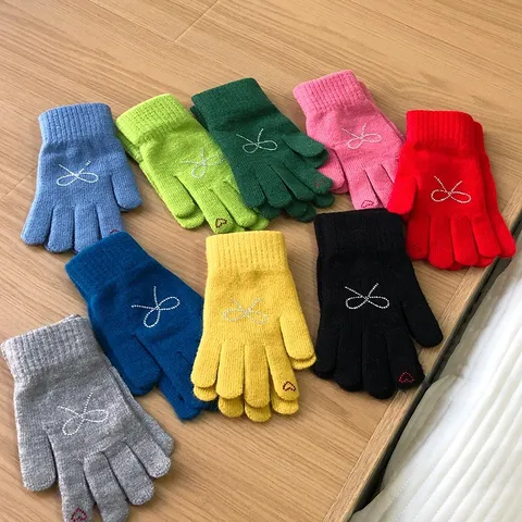 Women's Winter Warm Knitted Gloves Cute Bowknot Rhinestone Touchscreen Full Finger Mittens Sweet Soft Polyester Gloves