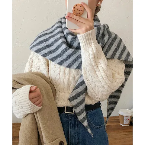 Women Wool Striped Triangle Scarf Autumn Winter Warm Knit Shawl Cape Soft Long Outerwear Accessory Wrap