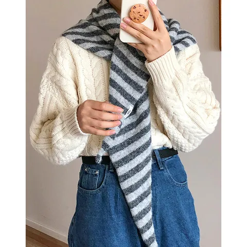 Women Wool Striped Triangle Scarf Autumn Winter Warm Knit Shawl Cape Soft Long Outerwear Accessory Wrap