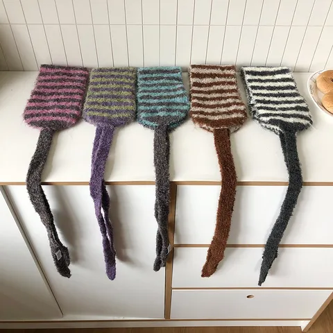 Damen Koreanisch Gestreifte Gestrickte Ohrenschützer Winter Warme Ohrenschützer Mit Langen Bändern Acryl Plüsch Gehörschutz Outdoor